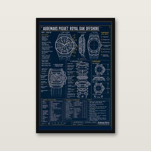May include: A framed technical blueprint poster of the Audemars Piguet Royal Oak Offshore watch, ref. 26470. The dark blue print features white line drawings, exploded views, cross-sections, and detailed specifications in English text.