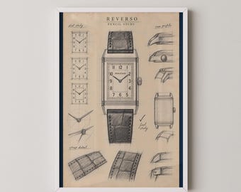 Jaeger-LeCoultre Reverso Pencil Study Print | Watch Sketch Wall Art | Reverso Drawing Gift for Watch Lovers