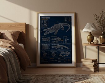 Nile Crocodile Blueprint Print | Technical Drawing Wall Art Poster | Wildlife Gift | Nature Decor