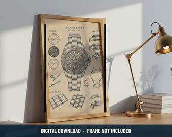 Rolex Submariner Pencil Study Print | Digital Download | 5 Print Ratios 300 DPI | Watch Wall Art | Printable Poster