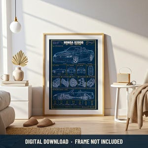 May include: A framed blueprint art print featuring a Honda S2000 car with technical diagrams, engine components, and the text Honda S2000 AP1 120S 1999 JDM. The print has a dark blue background with white line drawings and gold accents.