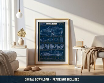Honda S2000 AP1 Blueprint Print | Digital Download | 5 Print Ratios 300 DPI | Car Wall Art | Printable Poster