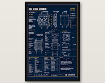 Lámina con el plano del TAG Heuer Monaco / Calibre Heuer 02 / Póster de arte mural del reloj cuadrado de Steve McQueen