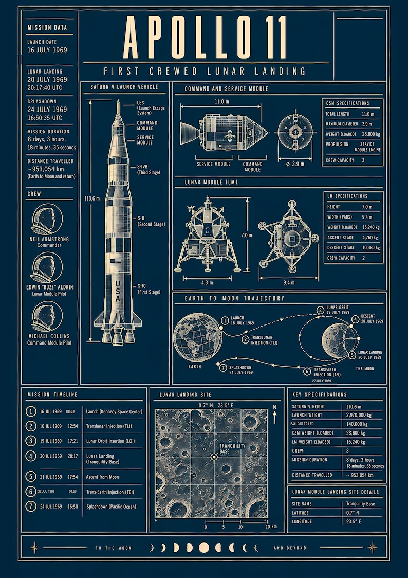 Apollo 11 Blueprint Technical Print | Saturn V Space Mission Wall Art ...