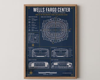 Plano del Wells Fargo Center / Póster de arte mural del Philadelphia Arena / Arte arquitectónico lineal / Regalo de los 76ers Flyers / Impresión de coordenadas