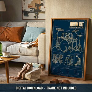 May include: A framed vertical poster featuring a dark blue technical blueprint of a five-piece acoustic drum kit with white line drawings, labels, and the text DRUM KIT FIVE-PIECE ACOUSTIC SET. The print includes detailed diagrams of the drum components.