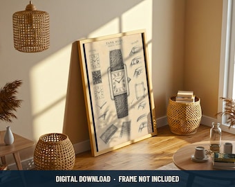 Cartier Tank Must Pencil Study Print | Digital Download | 5 Print Ratios 300 DPI | Watch Wall Art | Printable Poster
