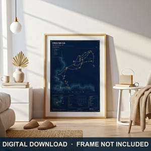 May include: A dark blue rectangular wall art print featuring a detailed golf course map of Cypress Point Club with white text, lines, and course layout graphics, displayed in a light wood frame with the text DIGITAL DOWNLOAD FRAME NOT INCLUDED.