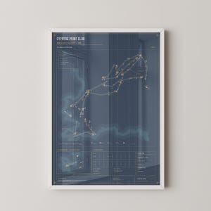 May include: A framed wall art print featuring a technical golf course map of Cypress Point Club in Pebble Beach, California. The dark blue background displays gold course layout lines, topographical contours, and a detailed data table.