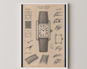 Cartier Tank Must Pencil Study Print | Watch Sketch Wall Art | Tank Watch Drawing Gift for Watch Lovers