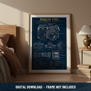 Nikon FM2 Blueprint Technical Print | Digital Download | 5 Print Ratios 300 DPI | Wall Art | Printable Poster
