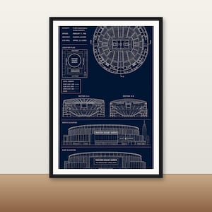 May include: Framed blueprint of Madison Square Garden, featuring architectural drawings and text. The print includes top-down views, cross-sections, and elevation views, all in white against a dark blue background. The frame is black.