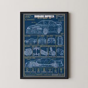 May include: A framed technical blueprint poster of a 1998 Subaru Impreza 22B STI. The dark blue print features white line drawings of the car from multiple angles, mechanical components, and technical specifications including weight of 1,270 kg.