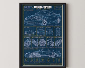 Honda S2000 AP1 Blueprint Print | F20C VTEC Roadster Wall Art | JDM Sports Car Poster Gift