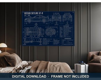 Nissan Skyline GT-R R34 Blueprint Print | Digital Download | 5 Print Ratios 300 DPI | Car Wall Art | Printable Poster