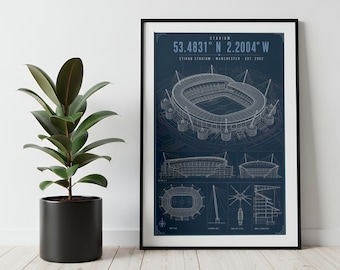 Manchester City Etihad Stadium Blueprint Print | Football Stadium Wall Art | Architectural Line Art | Man City Gift | Coordinates