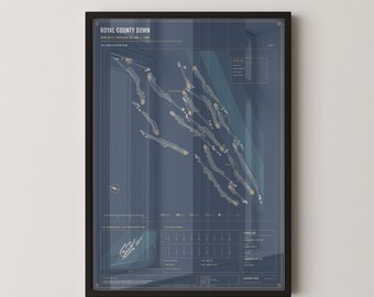 Royal County Down Golf Course Blueprint Print | Links Course Wall Art Poster | Golf Architecture | Golfer Gift