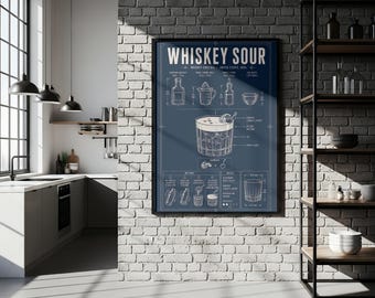 Whiskey Sour Cocktail Blueprint Print | Digital Download | 5 Print Ratios 300 DPI | Cocktail Wall Art | Printable Poster