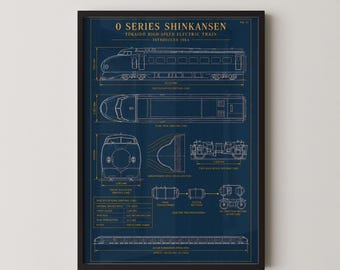 0 Series Shinkansen Blueprint Print | Tokaido Bullet Train Wall Art | Japanese Railway Gift | Train Poster