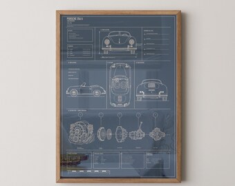 Technische Zeichnung des Porsche 356A 1600 Speedster | Klassisches Sportwagen-Wandposter | Geschenk für Autoliebhaber | Garagen-Wanddeko