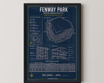 Fenway Park Blueprint Print | Baseball Stadium Wall Art Poster | Architectural Line Art | Red Sox Gift | Coordinates Print