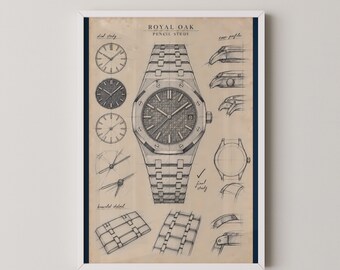 Audemars Piguet Royal Oak Pencil Study Print | Watch Sketch Wall Art | Royal Oak Drawing Gift for Watch Lovers