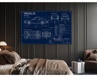 Porsche 911 Blueprint Print | Classic Car Wall Art | Garage Art Gift | Digital Download or Print