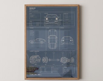 Technische Zeichnung des Porsche 928 | Klassisches Grand-Tourer-Wandposter | Geschenk für Autoliebhaber | Garagen-Wanddeko