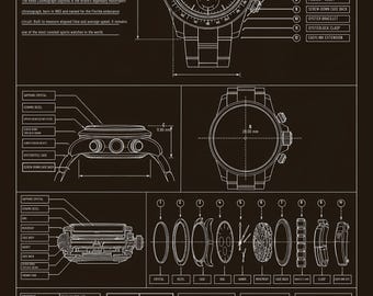 Rolex Cosmograph Daytona Monochrome Technical Print | Ref 126500LN | Chronograph Watch Wall Art Poster