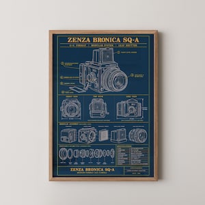 Zenza Bronica SQ-A Blueprint Technical Print | Medium Format Camera Wall Art Poster