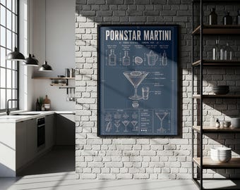 Pornstar Martini Cocktail Blueprint Print | Digital Download | 5 Print Ratios 300 DPI | Cocktail Wall Art | Printable Poster