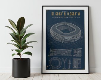 Tottenham Hotspur Stadium Blueprint Print | Football Stadium Wall Art Poster | Architectural Line Art | Spurs Gift | Coordinates Print