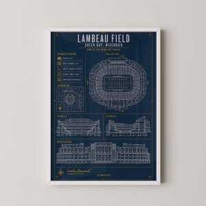 May include: A framed architectural blueprint poster of Lambeau Field in Green Bay, Wisconsin. The dark blue print features white line drawings of the stadium layout, cross-sections, and a north elevation view, with gold text and a scale bar.