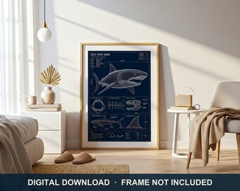 Great White Shark Blueprint Technical Print | Digital Download | 5 Print Ratios 300 DPI | Wall Art | Printable Poster