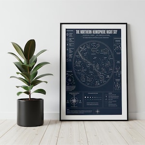May include: A framed poster titled The Northern Hemisphere Night Sky featuring a dark blue background with white celestial charts, constellation diagrams, a star magnitude scale, and a compass rose. The print displays detailed astronomical data.