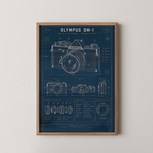 May include: A framed technical blueprint poster of an Olympus OM-1 camera on a dark blue background. The print features detailed white line drawings of the camera body, lens, and internal components with text labels, specifications, and measurements.