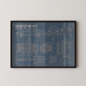 May include: A framed technical blueprint poster of a 1995 Nissan Skyline GT-R R33 V-Spec. The dark blue print features gold line drawings of the car's side, front, and rear elevations, engine, and drivetrain, alongside detailed specifications and text.