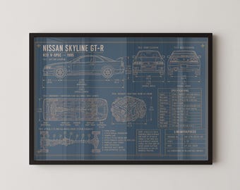Nissan Skyline GT-R R33 V-Spec Blueprint Technical Print | JDM Sports Car Wall Art Poster | Petrolhead Gift | Garage Wall Art