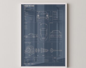 Porsche 930 Turbo Blueprint Technical Print | Classic Sports Car Wall Art Poster | Petrolhead Gift | Garage Wall Art