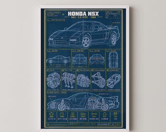 Honda NSX NA1 Blueprint Print | Mid-Engine JDM Car Wall Art Poster | NSX Technical Drawing Gift