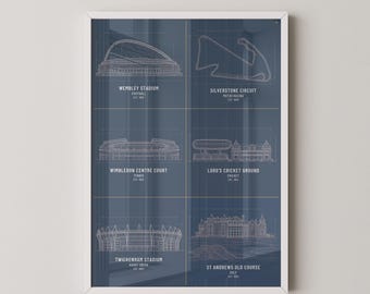 British Sporting Cathedrals Blueprint Print | Wembley Silverstone Wimbledon Lords Twickenham St Andrews Wall Art