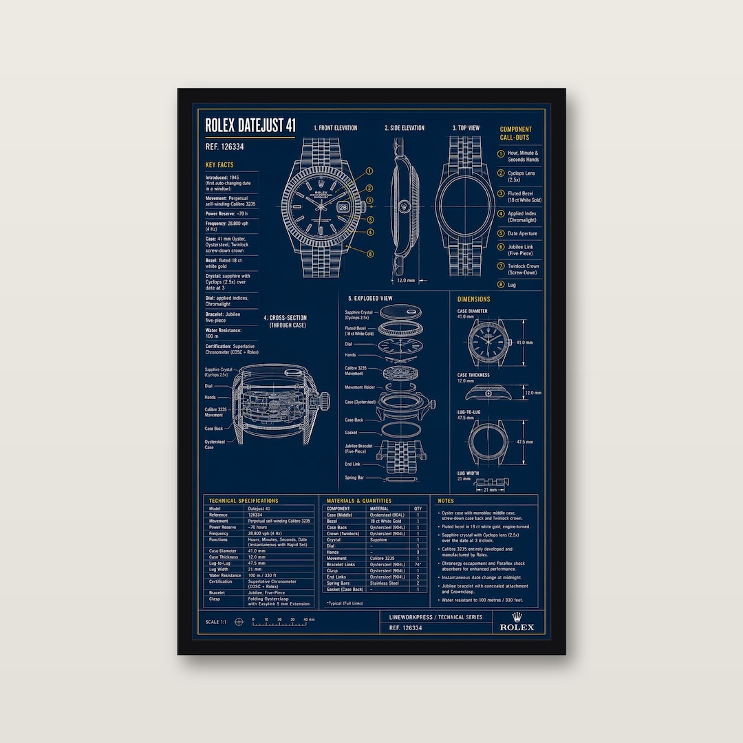 Rolex Datejust 41 Blueprint Technical Print | Ref 126334 | Fluted Bezel ...