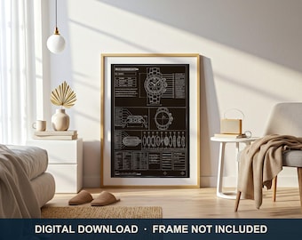 Rolex Cosmograph Daytona Monochrome Technical Print | Digital Download | 5 Print Ratios 300 DPI | Watch Wall Art | Printable Poster