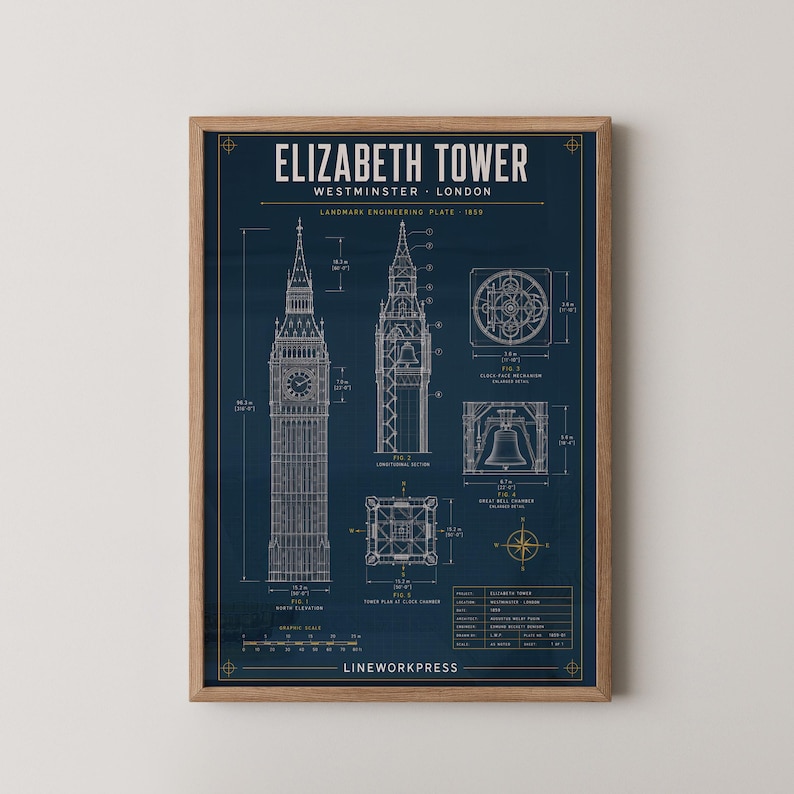 Big Ben R Design Elizabeth Tower Blueprint Print | Big Ben London Technical Drawing Wall ...