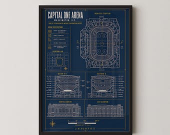 Plano del Capital One Arena / Póster de arte mural del estadio de Washington D.C. / Arte arquitectónico lineal / Regalo de hockey y baloncesto