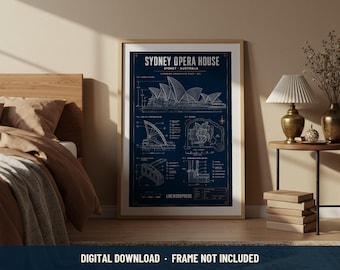 Sydney Opera House Blueprint Print | Digital Download | 5 Print Ratios 300 DPI | Wall Art | Printable Poster