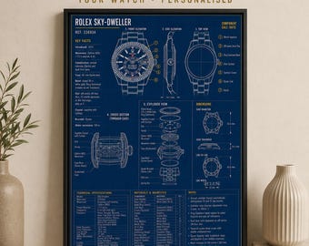 Custom Watch Blueprint Poster, Personalised Watch Technical Drawing, Any Watch Model, Framed Unframed or Digital, Watch Gift