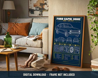 Ford Capri 3000E Blueprint Technical Print | Digital Download | 5 Print Ratios 300 DPI | Car Wall Art | Printable Poster