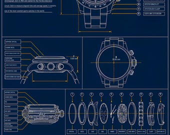 Rolex Cosmograph Daytona Blueprint Technical Print | Ref 126500LN | Motorsport Chronograph Watch Wall Art Poster
