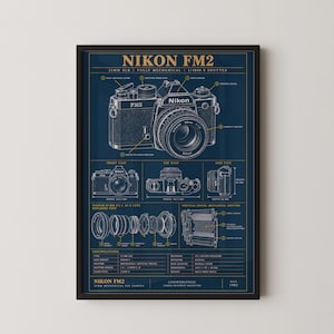 May include: A dark blue technical print poster of a Nikon FM2 35mm SLR camera. The design features a large central camera illustration, smaller front, top, and side views, an exploded lens view, and a vertical travel shutter diagram with text.